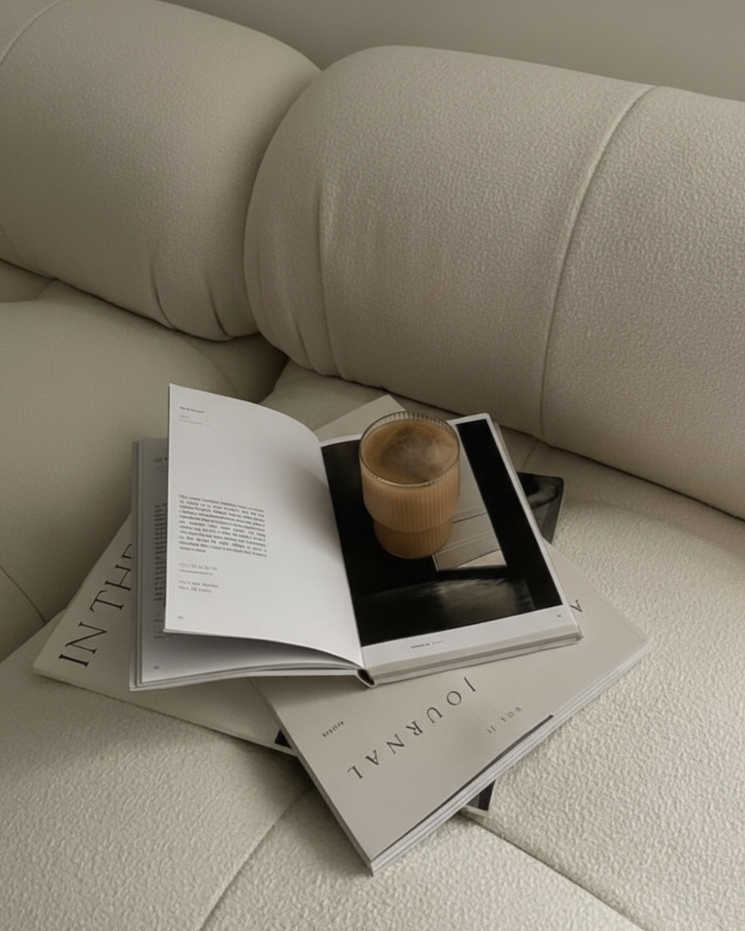 Open journal and iced coffee resting on a soft cream sofa